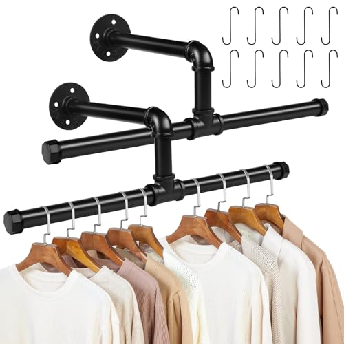 Consejos para Comprar Estanterías para colgadores - solo los mejores. 49 2 Pack Estante de Ropa, Perchero Industrial con 10 Pack Gancho, Barra de Ropa Desmontable, Ahorro de Espacio, Barra Multiusos para Colgar en el Armario, para Balcón, Baño,...