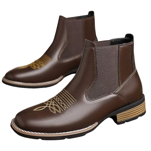 Men's Western Cowboy Boots Square Toe Durable Retro Classic Embroidered Pull On Boot Casual Work Chelsea Short Boots