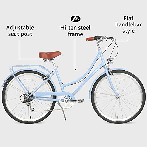 Avasta Road Hybrid Bike For Women, Lightweight Step Throught 26 Inch Aluminum Alloy Frame City Commuter Comfort Bicycle, 6-Speed Drivetrain, Color Blue With Black Tires #TOP2