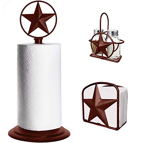 Brown Rustic Texas Star Paper Towel Holder, Napkin Holder, Salt and Pepper Shakers Holder, Country Farmhouse Iron Kitchen Counter Accessory Set Holders (Paper Towel, Napkin, S New Hampshire