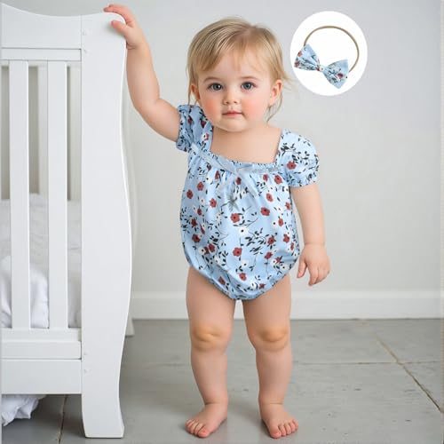 Newborn Baby Girl Summer Clothes Floral Short Sleeve Smocked Bubble Rmper Jumpsuit Bodysuit Boho One Piece Clothes3