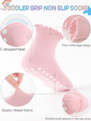 Image of Baby Toddler Girls Socks Grip Ruffle Non Slip Kids Cotton 12 Pack Socks | Premium Soft Cotton,Full Anti-Slip Grips,6 Month-7T Grippy Crew Socks for Girls,Daily School All Season Wear,Cute Ruffle Edge
