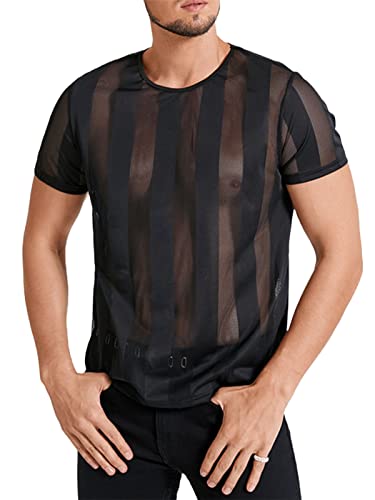 INCERUN Herren T-Shirts Gestreifte Durchsichtige Tüll Mesh Shirts Rundhals Kurzarm Oberteile Schwarz 5XL Cover