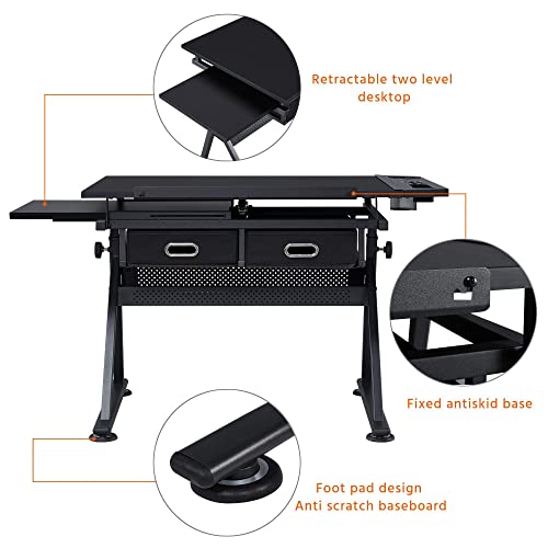 Yaheetech Art Craft Table Drawing Table Height Adjustable Drafting Desk Work Station With Tiltable Tabletop W/Stool And 2 Storage Drawers For Reading, Writing,Studying #TOP6