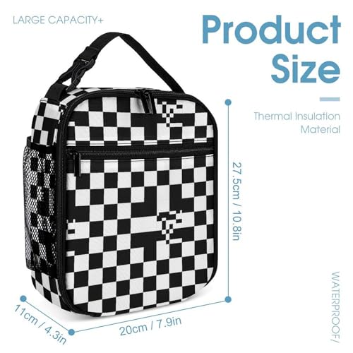 Backpack with Lunch Box & Cosmetic Bag Set Black And White Race Checkered Bookbag Daypack Set Backpack with Lunch Bag Storage Bags4