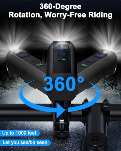 POWVINE 1200 Lumens Bike Front Lights for Night Riding,5+5+3 Models & LED Power Display 360° rotatable Bicycle Headlight with High Beam Low Beam,5000mAh Rechargeable and Waterproof Bike Light