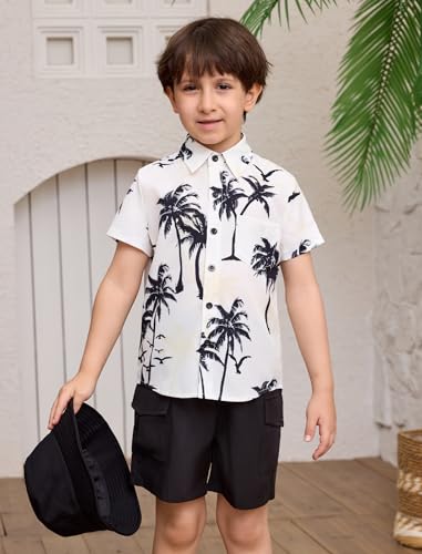 Image of IBTOM CASTLE Boys Hawaiian Button Down Shirts and Short Sets with Bucket Hat Kids Summer Vacation Outfits Tropical Shirt