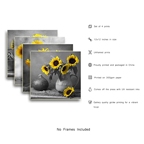 Sunflower Wall Art Unframed Gray Prints - Modern Home Office Sunflower Paintings For Living Room Decorations Kitchen Bedroom 4Pcs Yellow Flower Artwork Modern Picture Romantic Posters 12 X 12 Inches #TOP4