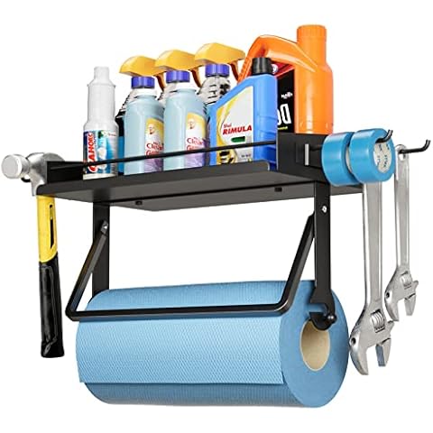 Lorbro Paper Towel Holder with Shelf, Paper Towel Holder Wall Mount One Hand Tear, Garage Organization and Storage with 4 Detachable Hooks, Holds 50 lbs, for Quick Clean Station, Shop, Workbench Cover