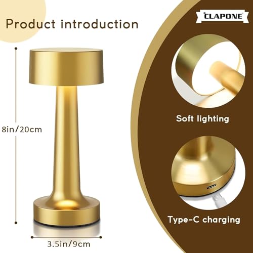 Image of CLAPONE Portable Rechargeable LED Lamp, Touch Control with Stepless Brightness & 3 Color Modes, Metal Table Lamp for Bedroom, Desk & Nightstand