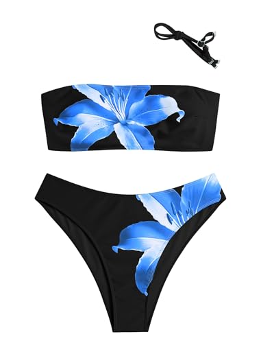 Image of ZAFUL Women's High Cut Bandeau Bikini Set Strapless Solid Color 2 Pieces Bathing Suit Swimsuit