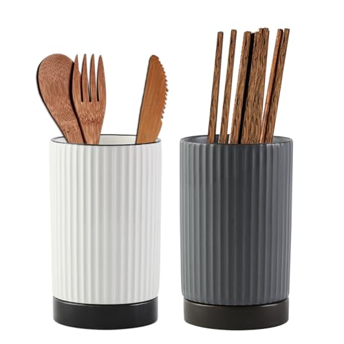 ELECTRO-WEIDEWORLD 箸立て おしゃれ 陶器製 箸スタンド 箸水切り お箸・スプーン・フォーク収納 キッチン箸立て ツール立て キッチン カトラリー スタンド 食器 調理器具 キッチン収納 (2個セットC(白+灰色))
