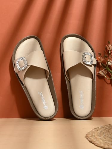 Image of Women Fashion Cross Strap Sliders with Crystal Buckle | Stylish Casual Slip-On Sandals for Women | Lightweight Comfort Slides Everyday Wear