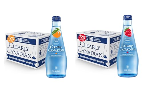 Image of Clearly Canadian Sparkling Flavored Water, 11 oz Glass Bottles - Variety of Refreshing Flavors, Premium Carbonated Beverage, Available in 12-Pack and 24-Pack Options (24 Pack, Peach /Strawberry)