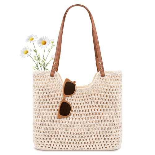 Peicees Crochet Beach Bag For Women Summer Tote Bag Boho Shoulder Bag With Leak-Proof Lining for Vacation Travel Woven Purse