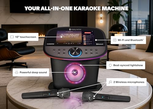 Image of Singing Machine Platinum Plus All-in-One Karaoke System with 2 Wireless Mics, Bluetooth /WiFi, Portable Premium Sound Speaker, App Compatible (YouTube, Spotify) for Home & Parties - Black