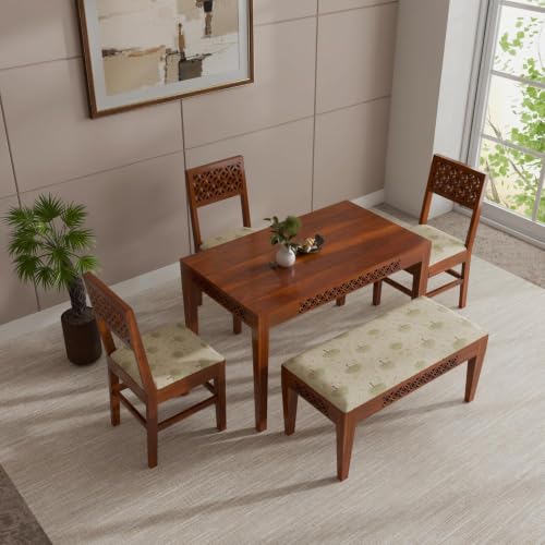 Image of THE WOODEN CITY Solid Sheesham Wood 3 Chair with 1 Bench Dining Table Set with Cushioned Chairs for Dining Room | Living Room | Home & Office - Honey Finish