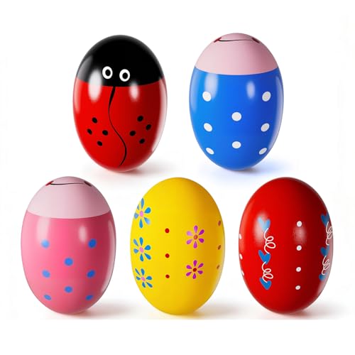 Oeufs de Paques en Bois Oeuf Maracas Œufs de Pâques Sonores Percussion pour Cadeaux de Fête, Chasse de Pâques, Prix de Classe (5 pièces-A)