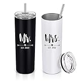 Mr and Mrs EST 2022 Gifts for Lovers Couples Wife Husband in Wedding Engagement Anniversary, 20 oz Stainless Steel Skinny Tumbler Set, Insulated Travel Tumbler with Lid, Black and White