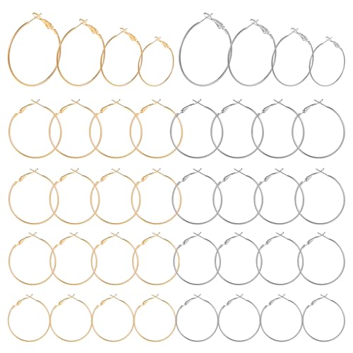 LIQWEI 32 piezas de pendientes de aro, aro redondo, aretes de cuentas abiertas, accesorios de joyería, manualidades, 20 mm, 25 mm, 30 mm, 40 mm, oro y plata