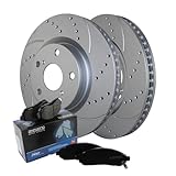 Bison Performance Drilled Slotted Coated Vented 296mm Disc Rotors and Akebono ProACT Ceramic Pad Set with Hardware Front Brake Kit For Lexus ES300h ES350 Base Toyota Avalon Camry XL Limited SE LE