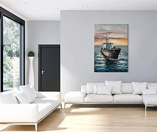 Zoinart Hand Painted American Warship Painting On Canvas Wall Art 28X40 Inch Military Navy Ships Wall Decor Modern Artwork Home Decor For Living Room Framed Ready To Hang #TOP5