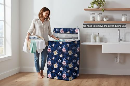 Image of Stylista PVC Washing Machine Cover Compatible for Samsung 7 KG Fully-Automatic Top Load WA70N4420BS /TL, Floral Pattern Blue