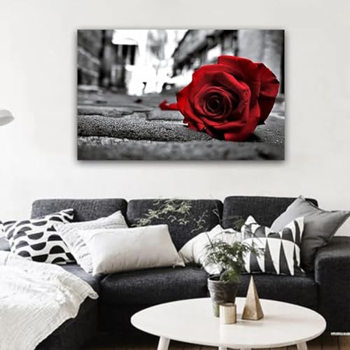 Affiches et impressions paysage noir et blanc avec fleur rouge - 2