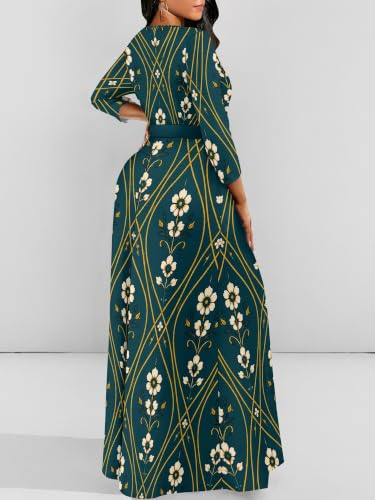 Image of Women Plus Size Long Sleeve V Neck Maxi Dress with Belt | Soft fabric relaxed fit three quarter sleeve v neck with pockets for party and daily wear