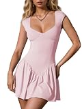 Fisoew Womens Summer A Line Dress Cap Sleeve Slim Fit Sweetheart Swing Ballet Dance Skater Mini Dress Pink, Medium