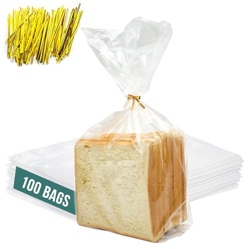 Reusable Plastic Bread Bags for Homemade - 100 Pack Clear Bag with Ties For An Airtight Moisture-free Preservation and Storage- Loaf Home Bakers Bakery Owners