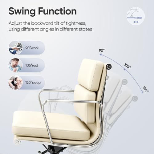 Image of Mid-Back Executive Genuine Leather Office Chair, with Aluminum Arms and 5-Star Base, Modern Rolling Desk Chair with Silent Wheels, Lumbar Support, High-Adjustable, Tilting for Home & Office