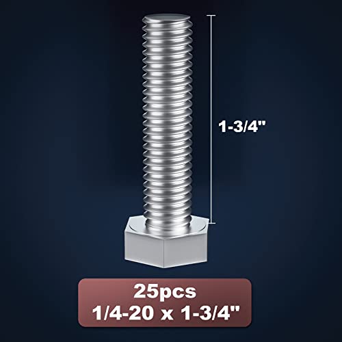 Image of 1 /4-20 x 1-3 /4 inch (5 /8 to 5 inch Optional) Hex Head Screw Bolt, Stainless Steel 18-8(304), Fully Threaded,25pcs