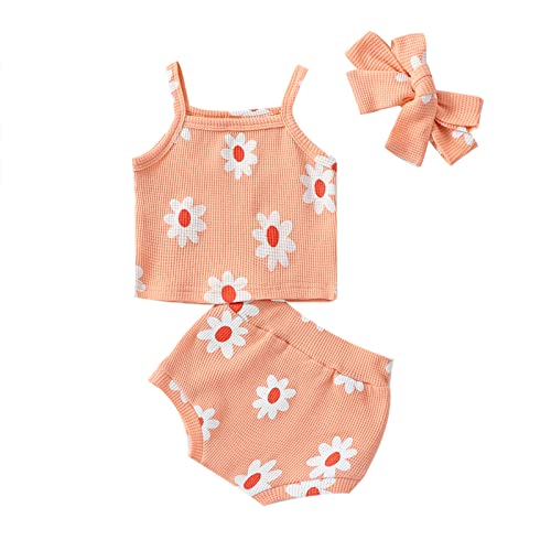 Kupretty Baby Girl Summer Clothes Floral Waffle Knit Sleeveless Strap Cami T Shirt Tops Shorts Bloomers Headband Set (Waffle Shirt Set Orange Pink, 6-12 Months) #TOP14