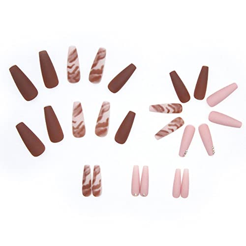 Kamize Long Coffin Press On Nails Fall Fake Nails Design Acrylic Full Cover Marble False Nails For Women And Girls 24Pcs #TOP1