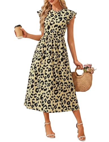 Fashora Robe Longue Femme Robe Été Elegant Haut Taille Col Rond Manches Courtes Robes Casual Plage Vacances Mariage Invitée Soiree avec Poches (Léopard, L)