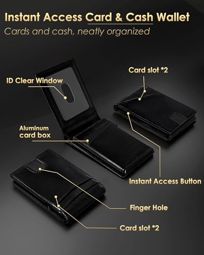Image of QLD Wallet for Men - RFID Blocking [Functional & Practical] Bifold Slim Minimalist Credit Card Holder Pop Up Metal Case with Cash Slot, Front Pocket with ID Window, Gift Boxed (BLACK)