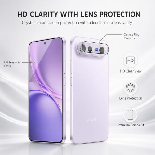 Image of FIRST MART Tempered Glass for Vivo X300 FE 5G with Silver Camera Ring Guard & Installation Kit | HD Clear Edge-to-Edge Screen Protector, Scratch Resistant, Case-Friendly | Pack of 1