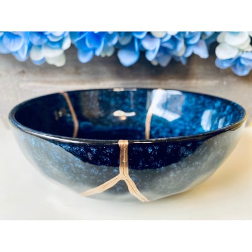 Authentic Kintsugi Bowl with Genuine 24K Gold Handcrafted Zen Decor Deep Blue Ceramic Healing and Resilience Gift Ceramic Decorative Bowl