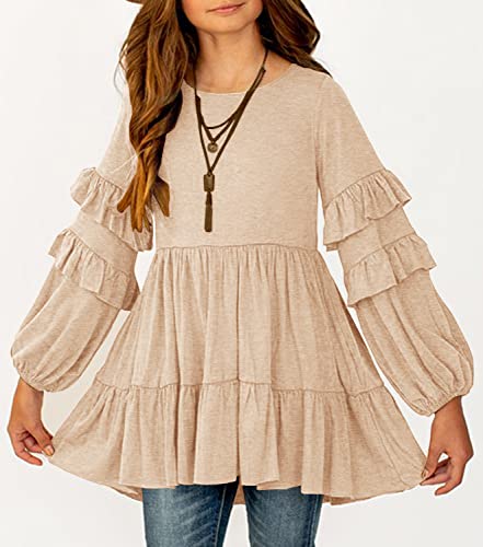 Mitilly Girls Crewneck Ruffle Long Sleeve Loose Pleated Babydoll Blouse Tops With Pockets 10-11 Years Beige #TOP4