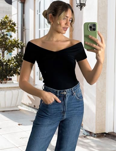 Image of Sarin Mathews Womens Shirts Off The Shoulder Tops Sexy V Neck Slim Fit Shirts Tops Blouses
