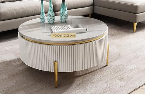 Image of WOODEN SPACE Premium Luxury Nazaara Marble-Top Coffee Table with Iron Legs & PVD Coating | Modern Round Wooden Center Table for Living Room & Entryway