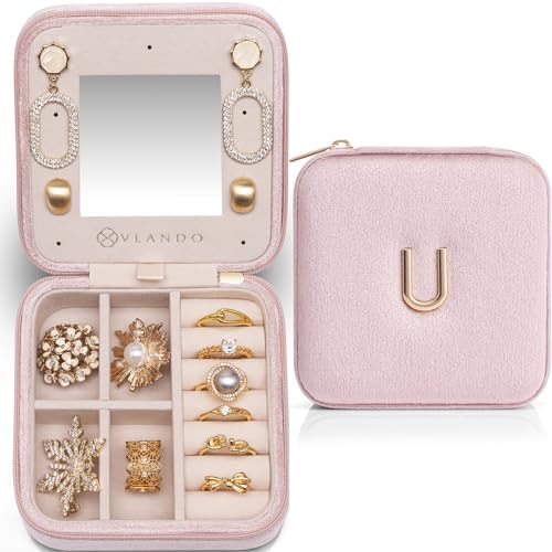Vlando Mom Gifts for Women, Travel Jewelry Case for Mother Gifts, Travel Gifts for Mother Mom from Daughters, Travel Essentials Small Jewelry Box, Jewelry Travel Organizer - Letter U, Pink P