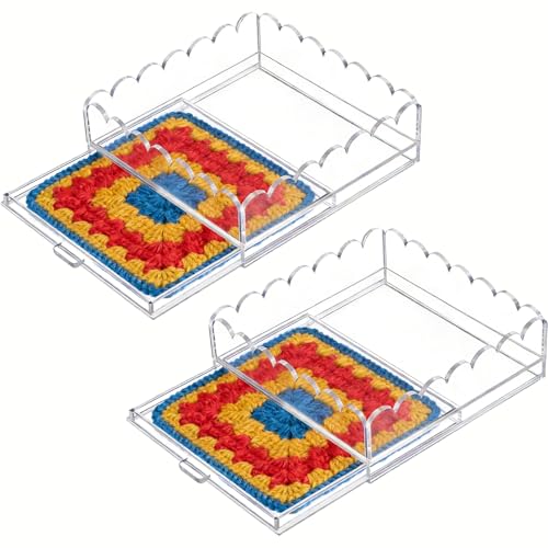 2 Pcs Acrylic Tray with Insert 5 x 5 Clear Acrylic Tray with Drawer for Insert Needlepoint Photos Art Fabric Napkin Messages Display Basket Decorative Tray Gift for Home Office