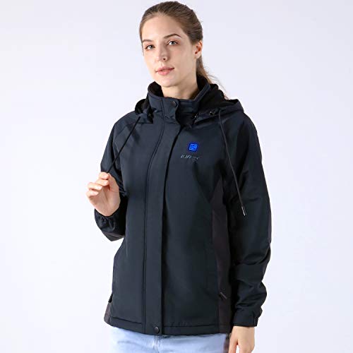 IUREK Chaqueta Calefactable Mujer ZD960, Chaqueta Deportiva Térmica Impermeable con Capucha, Abrigo de Calefacción de 3 Zonas con Powerbank 10000 mAh, 3 Temperaturas para Invierno Outdoor