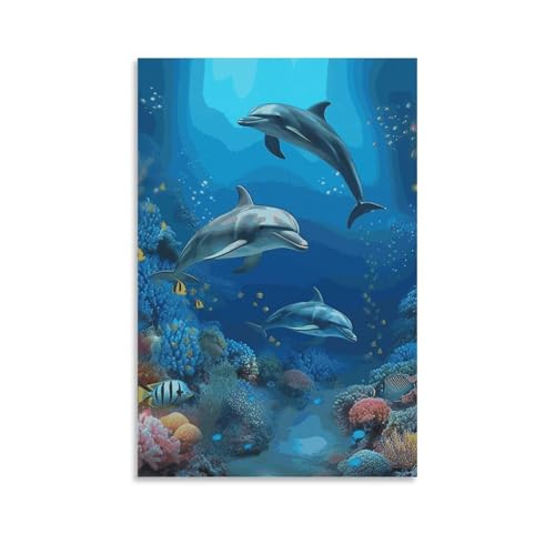 Peinture sur toile monde sous-marin dauphins corail éclatant