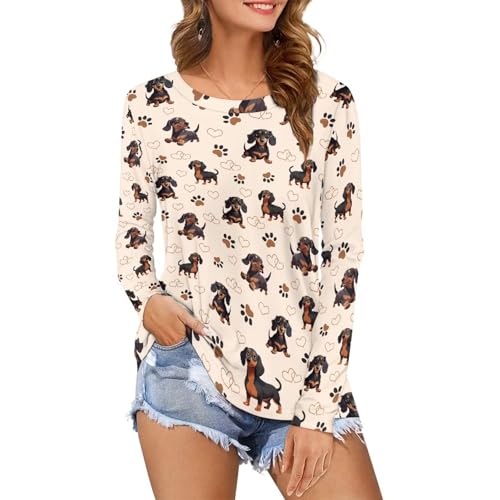 Eheartsgir Damen-Langarm-T-Shirt, Workout, schnell trocknend, lockere Oberteile, Übergröße, Outdoor, lässiges Sweatshirt, Dackel Pfoten, X-Klein