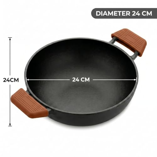 Image of HomeEssentials Pre-Seasoned Cast Iron Kadai | 100% Pure Cast Iron | 24cm, 2.5-2.7L | Silicone Grip Handles | Naturally Non-Stick & Non-Toxic | for Gas, Ceramic & Electric Cooktops