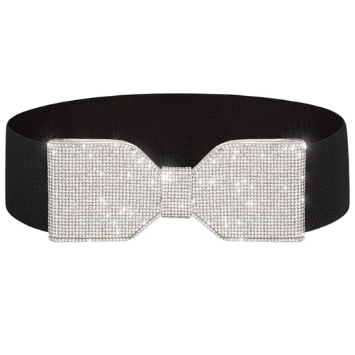 Rhinestone Elastic Belt Silver Bow Tie Crystal Wide Stretch Belts Women Sparkly Waist Belts for Dress