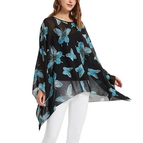 Consejos y comparativas para Comprar Poncho Bolivia tabla con los diez mejores. 36 Wiiiwish - Poncho de gasa para mujer con alas de murciélago y larga, #Negro con mariposas azules, Talla única